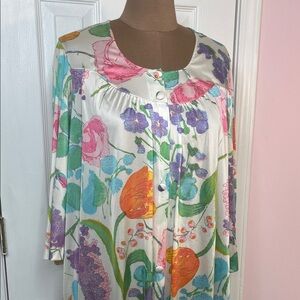 Floral House Dress Silky Feel Nylon Button Down Front